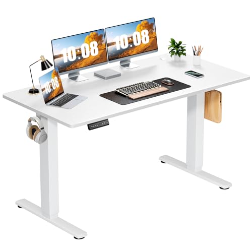 Sweetcrispy Electric Standing Desk Adjustable Height, 55x24 Inch Sit Stand Up Home Office Desks Computer Workstation PC Work Table with 3 Memory Preset Splice Wood Board Metal Frame, White Sweetcrispy