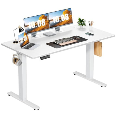 Sweetcrispy Electric Standing Desk Adjustable Height, 55x24 Inch Sit Stand Up Home Office Desks Computer Workstation PC Work Table with 3 Memory Preset Splice Wood Board Metal Frame, White