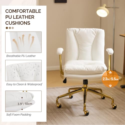 VINGLI Home Office Desk Chair Comfy with Wheels & Removable Armrests,Gold Base Vanity Chair with Back, Adjustable Rolling Swivel Computer Task Chair for Study,Makeup,Office,Bedroom,PU Leather,White VINGLI