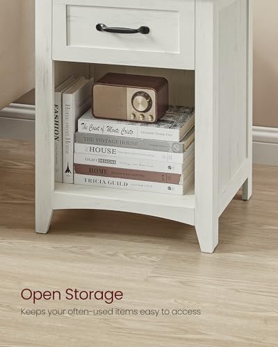 VASAGLE Farmhouse Nightstands with Charging Station, Set of 2, Bedside Tables with Drawer, Open Compartment, Side Tables with Storage, for Bedroom, Rustic White and Honey Brown ULET859K41 VASAGLE