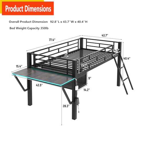 Klwenas Maec Metal Loft Bed Twin Size with Desk & LED Light,Gaming Loft Bed with Vented Mesh Undercarriage Storage & Staircase,Space Saving,Low Loft Bed Frame for Adults Teens Kids,Noise Free (Twin) Klwenas Maec