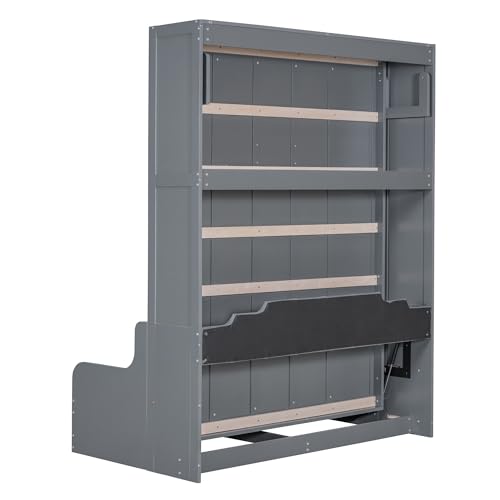 Merax Queen Size Murphy Bed Frame, Modern Wall Bed Can Be Folded into Cabinet, Chair with Cushion, Gray Merax