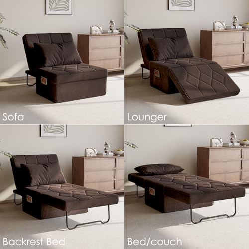 DSNAPE Convertible Sofa Bed with 5-Level Adjustable Backrest, 74" D x 28" W 4-in-1 Folding Ottoman Sleeper Chair Bed, Modern Single Futon Couch for Living Room Apartment Dorm Small Space, Dark Brown DSNAPE