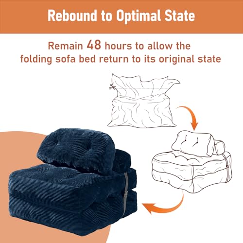 Vellorise Folding Sofa Bed, Convertible Sleeper Chair with Back Support and Pillow Futon,Boneless Foldable Couch for Living Room/Guest Use/Home Office, Foldable Chair Bed for Adults, Navy Blue Vellorise