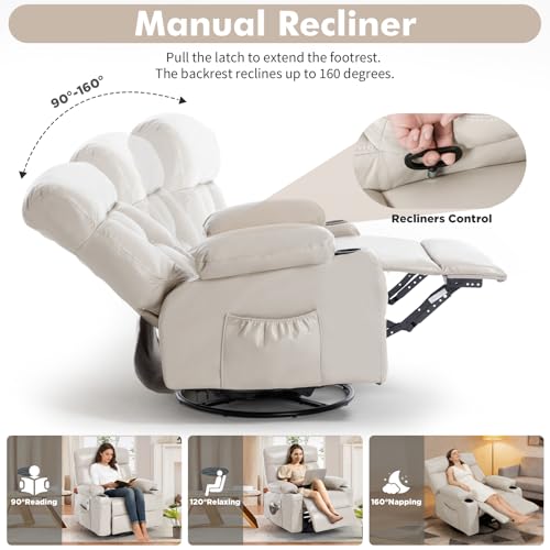 Comermax Rocking Recliner with Heat and Massage, Wide Seat Heated Massaging Reclining Chair for Home Theater, Faux Leather Manual Swivel Rocker Recliner Chair with Cup Holder for Adult, Beige