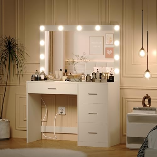 Irontar Makeup Vanity Table, Makeup Table with Large Mirror and 11 LED Lights, Brightness Adjustable, Dressing Table Desk with 4 Drawers, Vanity Desk for Girls, Women, White WDT002W Irontar