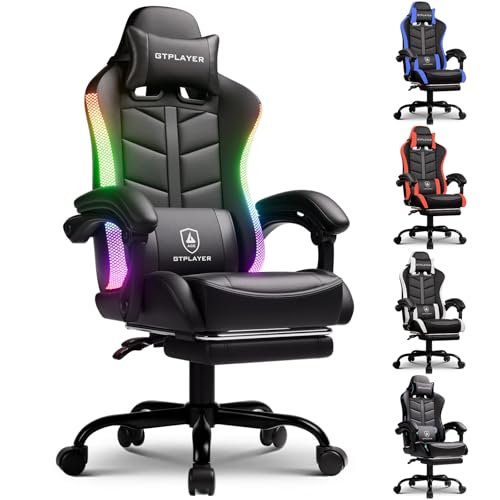 GTPLAYER RGB Gaming Chair with Footrest, Computer Gaming Chair with LED Lights for Adults, Height Adjustable PC Gamer Chair with 90-155° Recline & Removable Headrest Lumbar Support, RGB Black GTPLAYER