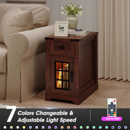 Fameill Farmhouse End Table with Charging Station & Led Lights,Narrow Sofa Side Table with Glass Barn Door & Drawer,Wood Rustic Nightstand Bedside Table for Living Room,Bedroom,Brown Fameill