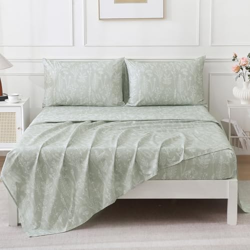 Homilay 100% Natural Cotton Percale Sheets Set,Full Size 4 PC, Breathable&Durable Hotel Quality Bedding, 16" Deep Pocket Botanical Floral Bedsheets,Sage Green Homilay