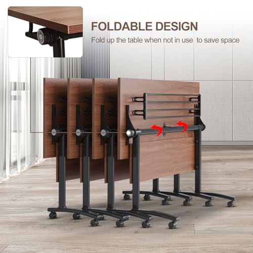 Conference Room Table, 14FT Large Folding Conference Table for 10-15 People, Training Tables with Caster Wheels, Business Style Wooden Meeting Table with Strong Metal Frame, Flip Top Table (6 PCS) bbyekctc