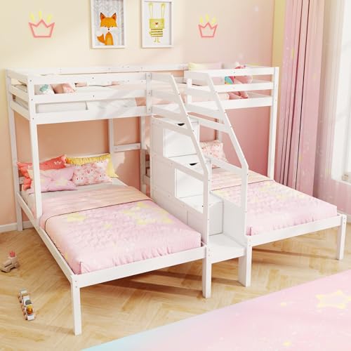 KOTEK Triple Bunk Bed with Stairs, Twin Over Twin & Twin Bunk Bed Frame with Guardrail & Storage, Wooden Bunkbeds for 3 Kids Teens, No Box Spring Needed (White) KOTEK