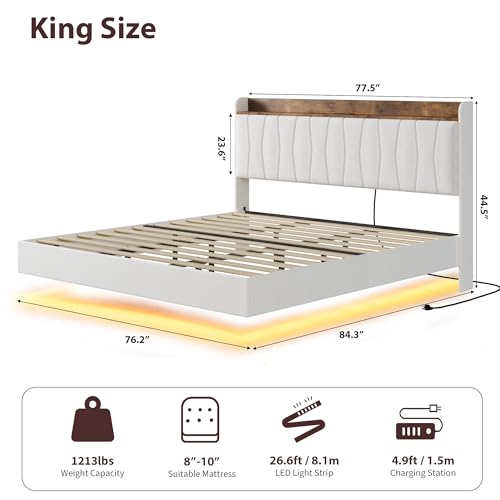 IDEALHOUSE King Floating Bed Frame with LED Lights & Charging Station, Upholstered Platform Bed with Storage Headboard, Wood Slats Support, No Box Spring Needed, Easy to Assemble, White IDEALHOUSE