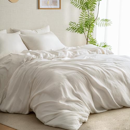 AGSIT Muslin Duvet Cover 100% Washed Cotton, Queen Size Duvet Cover Set Linen Like, Minimalist Soft Comforter Cover 3 Pieces, Lightweight Gauze Duvet Cover with 2 Pillowcases, 90”x90”, Pure White AGSIT