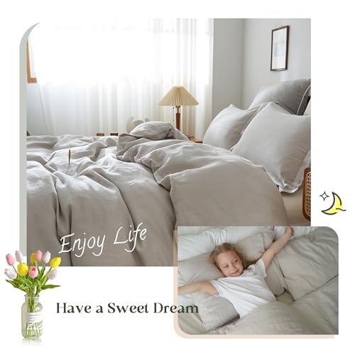 Simple&Opulence 100% Linen Duvet Cover Set, 3 PCS Natural French Flax Light Grey Duvet Cover King Size, Breathable Soft Comfy Linen Bedding Comforter Cover with 2 Pillowcases(Light Grey, 104" x 92")