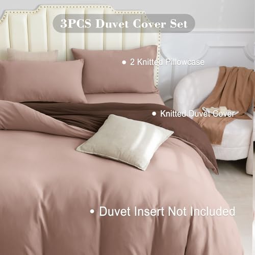 PURE ERA Jersey Knit Duvet Cover Set 100% T-Shirt Cotton Super Soft Comfy 3pc Bedding Set with Zipper Closure (Petal Pink/Dark Brown, Queen, 90"X90") PURE ERA