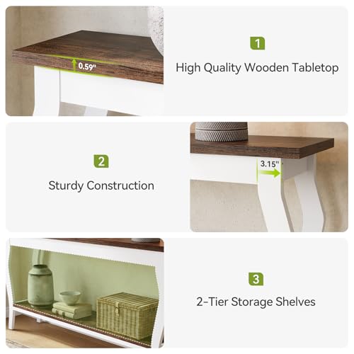 LITTLE TREE 70.9 Inches Long Console Table, 2-Tier Vintage Wooden Sofa Table Behind The Couch with Metal Legs for Hallway, Entryway, Living Room, Brown & White LITTLE TREE