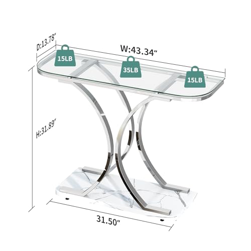 O&K FURNITURE Silver Glass Console Tables for Entryway,Glass Entryway Table with Curved Frames and Marble Base, Modern Entrance Table Sofa Table for Living Room,Hallway,Silver Glass&White Marble O&K FURNITURE