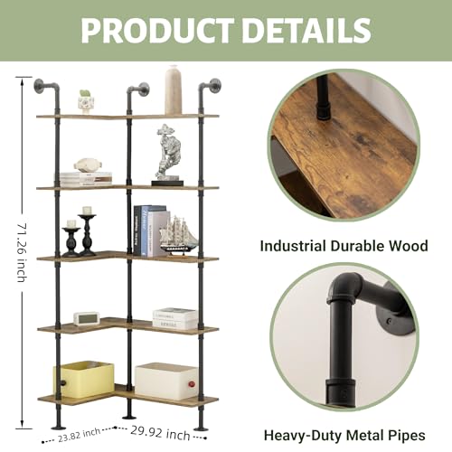 DOFURNILIM Industrial Pipe Corner Bookshelf, Wall Wooden Bookcase with Open Shelves, L Shaped Ladder Pipe Pantry Shelving for Living Room, Bedroom, Home, Office, 5 Tiers DOFURNILIM