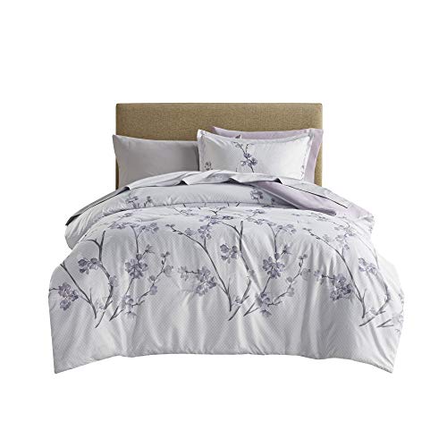 Comfort Spaces Bed in A Bag - Trendy Casual Design Cozy Comforter with Complete Sheet Set with Side Pocket, All Season Cover, Matching Shams Twin XL(66 in x 90 in), Kate, Grey/Purple 6 Piece Comfort Spaces