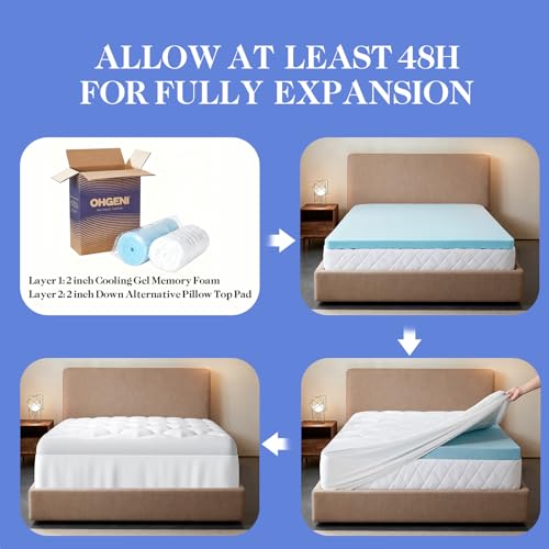 OhGeni Cooling 4 inch Dual Layer Twin Mattress Topper, 2 inch Cooling Gel Memory Foam, 2 inch Down Alternative Pillow Top Pad, Mattresses Cover for Bed, Medium Support, Fits 6”-19” Deep Pocket OhGeni