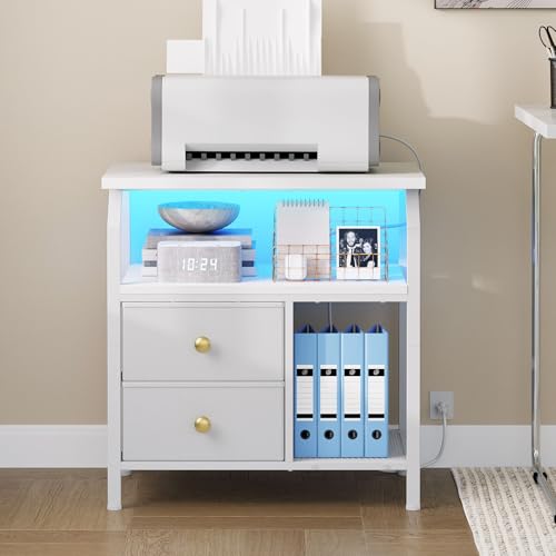 HOOBRO 23 inch Wide Nightstand with Charging Station and LED Light, Night Stand with 2 Fabric Drawers, Bedside Table, Dresser with Open Storage Shelf, End Side Table for Bedroom, White WT160UDBZ01 HOOBRO