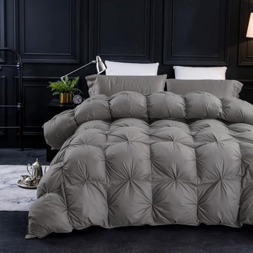Three Geese Oversized King Size Pinch Pleat Feather Down Fiber Comforter - All-Season Down Duvet Insert Fluffy Baffle Box Design with 8 Corner Loops for Warmth and Softness. Three Geese