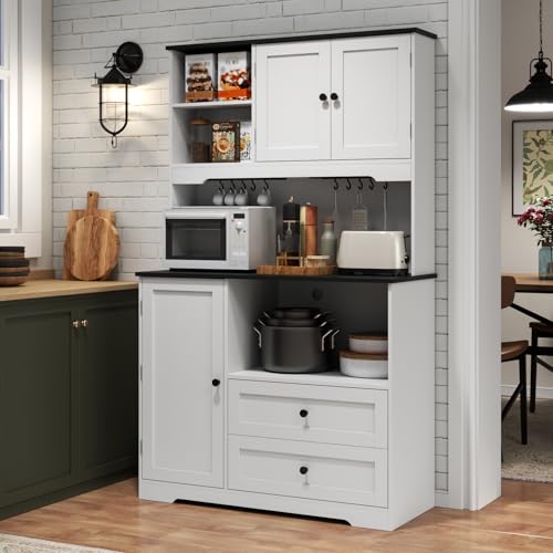 68"Tall Kitchen Pantry Storage Cabinet with Charging Station,Upgrade Freestanding Food Pantry with Wine Glass Holder ,Drawers and Shelves,Kitchen Hutch with Microwave Stand for Kitchens(White+Black) Gyfimoie