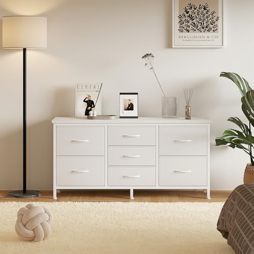 NEWBULIG Dresser for Bedroom with 7 Storage Drawers, Fabric Chest of Drawers with Metal Frame, Living Room Storage Organizers Units for Clothes, TV Stand and Hallway, White NEWBULIG