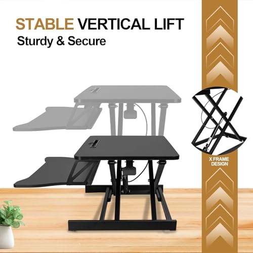 OUKMIC Standing Desk Converter 32” Height Adjustable Sit to Stand Up Desk Riser with Keyboard Tray for Home or Office, Dual Monitor and Computer Workstation Wide 2-Tier Desktop, Black OUKMIC