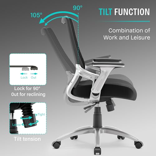 SUNNOW Office Chair, Ergonomic Computer Desk Chair, Sturdy Executive Task Chair - Adjustable Lumbar Support, Flip-up Arms, Tilt Function, Comfy Wide Seat, Swivel Mesh Home Office Desk Chairs (Black) SUNNOW