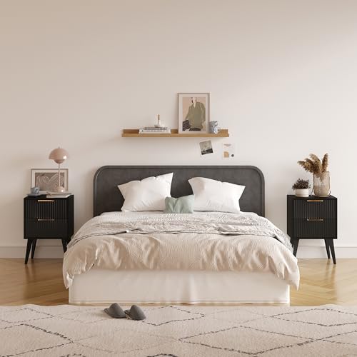 YAUKOMEL Black Night Stand,Modern Bedside Table,Small Nightstand with 2 Drawers,Fluted Side Table with Wood Legs,Mid Century End Table for Bedroom,Small Space,Black 11.8" D x 16" W x 22.4" H CTG55BK YAUKOMEL