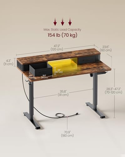 VASAGLE Electric Standing Desk with Drawers, 47.2 x 23.6 Inches, Sit Stand Desk with Power Outlet and LED Lights, Adjustable Height, Storage Shelf, 3 Memory Buttons, for Home Office, Rustic Brown VASAGLE