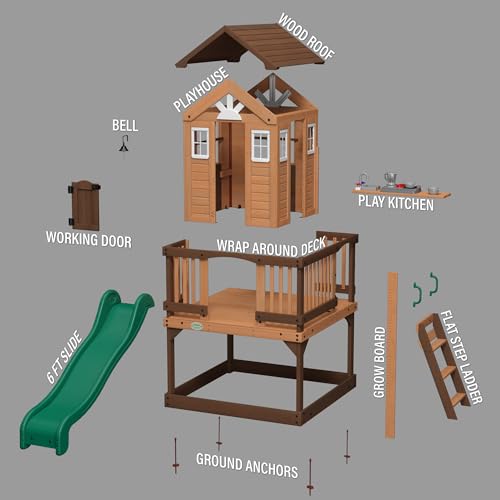 Backyard Discovery Echo Heights Elevated Cedar Playhouse, Play Kitchen, Powered Blender, Working Bell, 6 ft Wave Slide, Wrap-Around Deck, Flat Step Ladder, Growth Chart Backyard Discovery