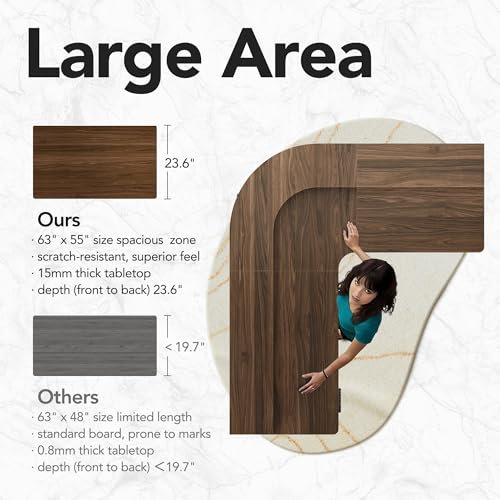 HUANUO Electric L Shaped Stadning Desk with LED Strip & Power Outrlets, 63" x 55" 2-Tier Height Adjustable Sit Stand up Desk with Power Strip Holder, Ergonomic Corner Computer Table, Walnut HUANUO