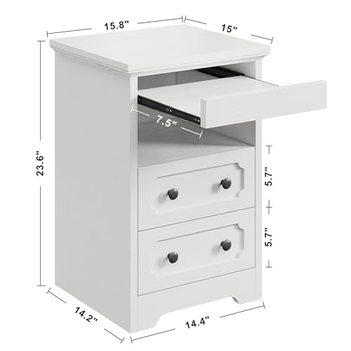 LIKIMIO Night Stand, Modern Bedside Table with 2 Drawers, Open Shelf, End Table with Pull-Out Tray, Wood SideTable, White LIKIMIO