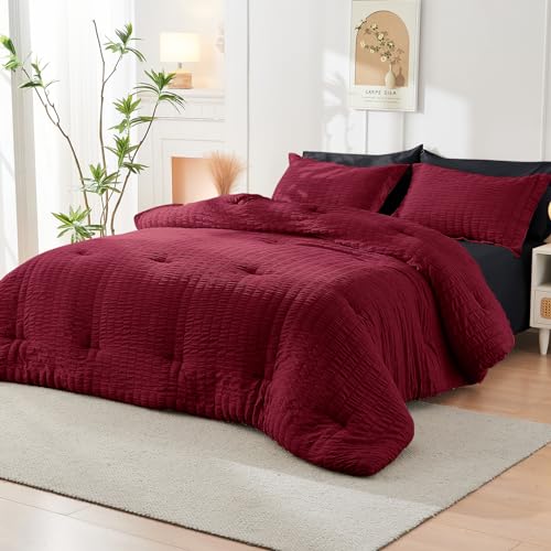 HYMOKEGE Red & Black Queen Comforter Set Seersucker 7 Pieces, All Season Luxury Bed in a Bag for Bedroom, Bedding Set with Comforters, Sheets, Pillowcases & Shams HYMOKEGE