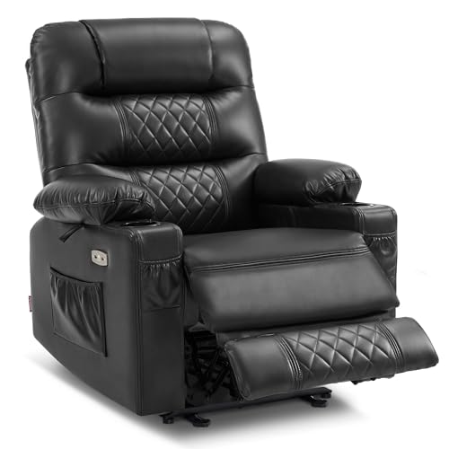 MCombo Zero Gravity Power Recliner Chair with Heat and Vibration Massage, Reclining Chair with USB Ports, Cup Holders for Living Room, Faux Leather PR621 (Black)