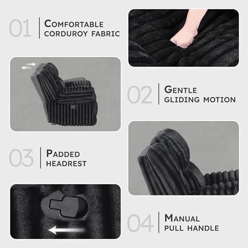 Lexicon Manual Glider Recliner Chair, Corduroy Manual Tab Pull Reclining Chair with Pillow Top Arms, Plush Cushions, Cozy Theater-Style Accent for Living Room/Bedroom, Easy Assembly, Black
