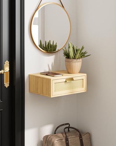 Aienvey Floating Nightstand, Floating Shelf with Drawer, Wall Mounted Nightstand, Floating Bedside Table (Oak Rattan) Aienvey