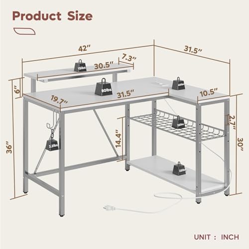 Bestier White Computer Desk with Charging Port & LED Strip,42 inch Modern Gaming Desk with Reversible Storage Shelves,Small L Shaped Desk with Hooks for Home Office Bestier
