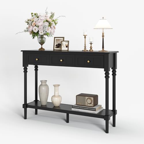 JOINICE Console Tables with Drawers,43" Entryway Table with Shelf and Solid Wood Legs,Narrow Long Sofa Table with Storage, Wood Foyer Tables for Entryway,Living Room,Hallway,Black JOINICE