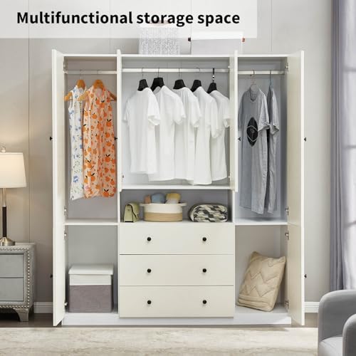 VivaVista Wooden Armoire Wardrobe Closet, 74" H Wardrobe Closet Cabinet with 4 Doors, White Bedroom Closet Wardrobe with Drawers & Shelves VivaVista