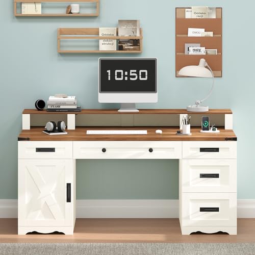 YOMILUVE Farmhouse Executive Desk with Drawers & Storage Shelves, 55" Computer Desk with Power Outlets, Home Office Desk with Monitor Stand & File Drawers, Writing Study Table, Antique White YOMILUVE