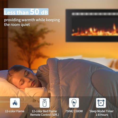 50 Inch Built-In Electric Fireplace, 750/1500W Wall Mounted Recessed Heater with Remote, Timer, Touchscreen, 12 Flame Effects, Adjustable Brightness, Low Noise Linear Fireplace for Living Room Bedroom Hipicute
