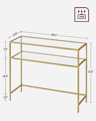 VASAGLE 39.4 Inch Console Sofa Table, Modern Entryway Table, Tempered Glass Table, Metal Frame, 2 Shelves, Adjustable Feet, for Living Room, Hallway, Gold Color ULGT025A01 VASAGLE