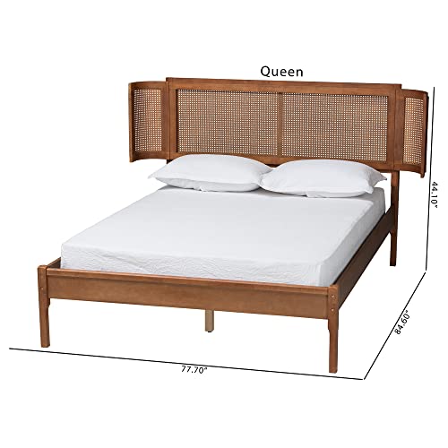 Baxton Studio Eridian Mid-Century Queen Platform Bed in Walnut Brown with Natural Rattan Baxton Studio