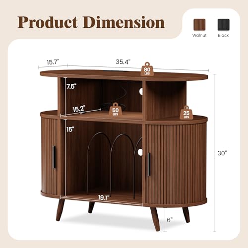 35” Mid Century Record Player Stand, Round Record Storage Cabinet with Charging Station, Turntable Stand Holds up to 150+ Albums, Vinyl Record Player Shelf for Media Stereo Audio, Living Room, Walnut Quelthar