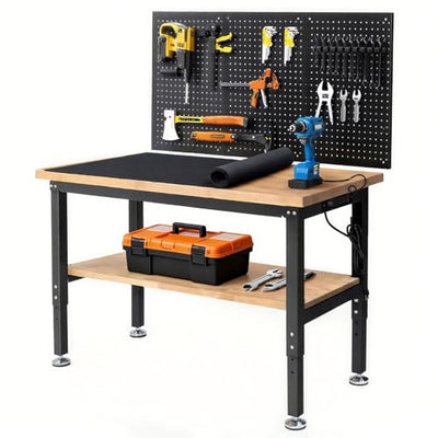ENJOYWOOD 48 Inch Workbench for Garage Adjustable Height Work Bench with Under Table Shelf Pegboard Power Outlets Work Table for Woodworking, Home, Office, Workshop