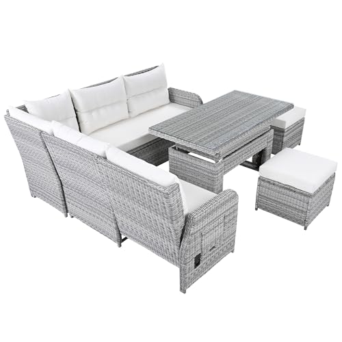 YOPTO 8-Piece Outdoor Furniture Couch Set,Rattan Patio Conversation Sectional Sofa Set with Adjustable Table,Recliners W/Extendable Side Tables & 2 Movable Ottomans,for Patio,Lawn,Backyard,Pool,Beige YOPTO