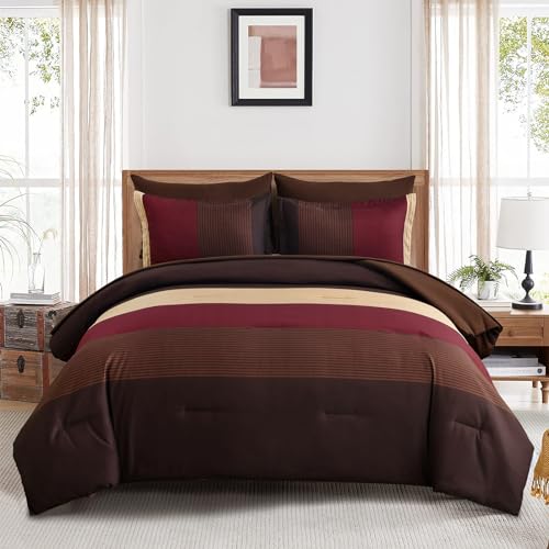 Anibedding Red and Brown Comforter Set Queen Size, Boho Burgundy Striped Bedding Comforter Set 7 Piece Bed in a Bag, Soft Microfiber Down Alternative Farmhouse Bedding Set for All Season(90"x90") Anibedding
